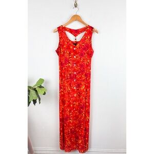 Vintage 90s Hawaiian Tropical Print Button Front Sleeveless Maxi Dress Sz 14